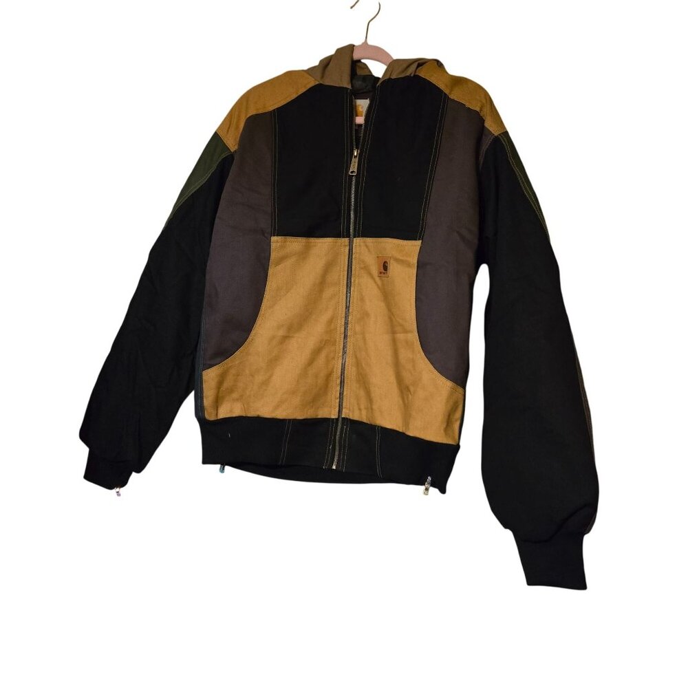 Carhartt Hooded Patchwork Reworked Jacket L Multicolor Men Zip Front Ribbed Cuff - Picture 3 of 7